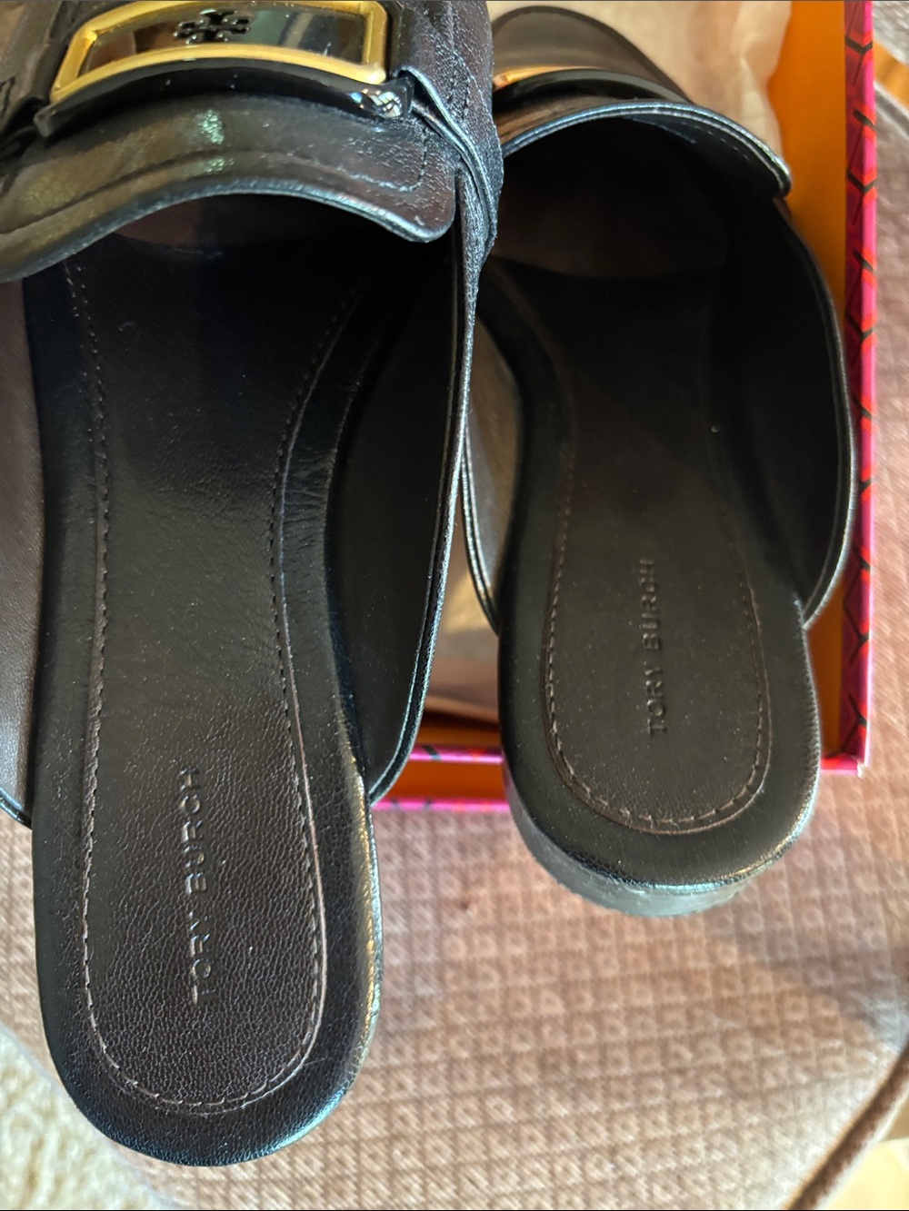 Tory Burch Black Leather Logo Buckle Slip-On Loafers - Picture 3 of 6